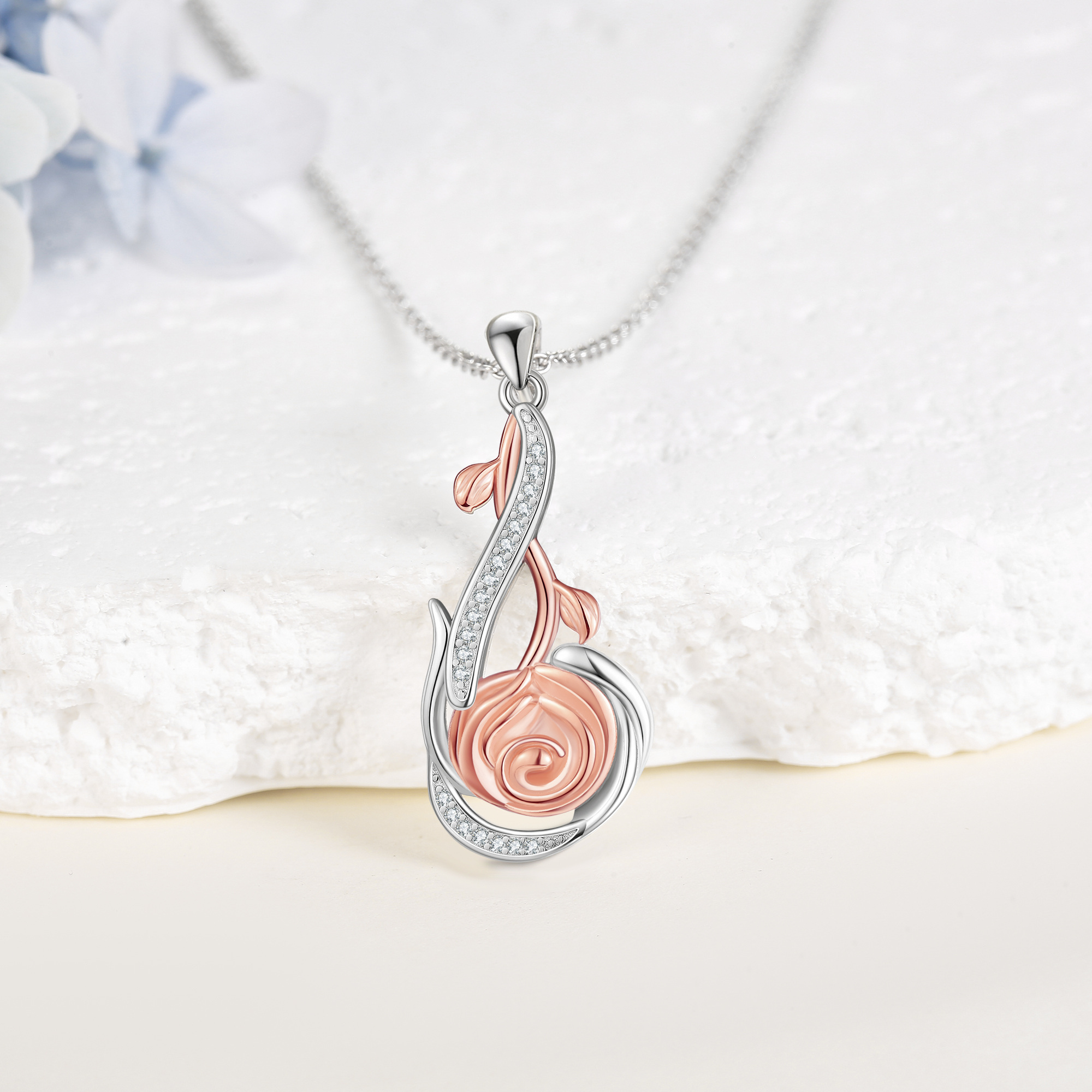 925 Sterling Silver Rose Necklace with Synthetic Rose Pendant